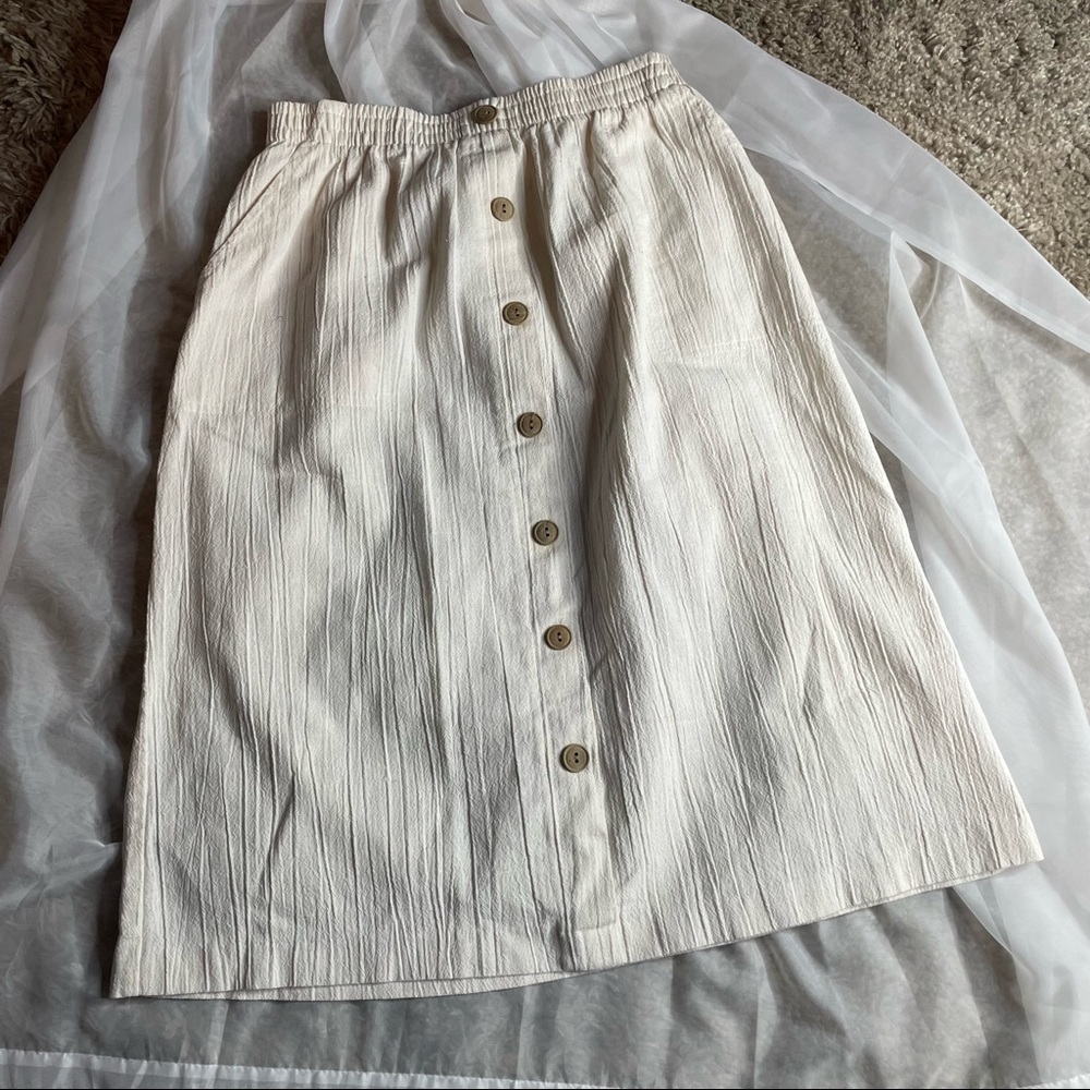 Vintage Cricket Lane Button Front Skirt | Neutral Linen Style Midi Skirt Size 16